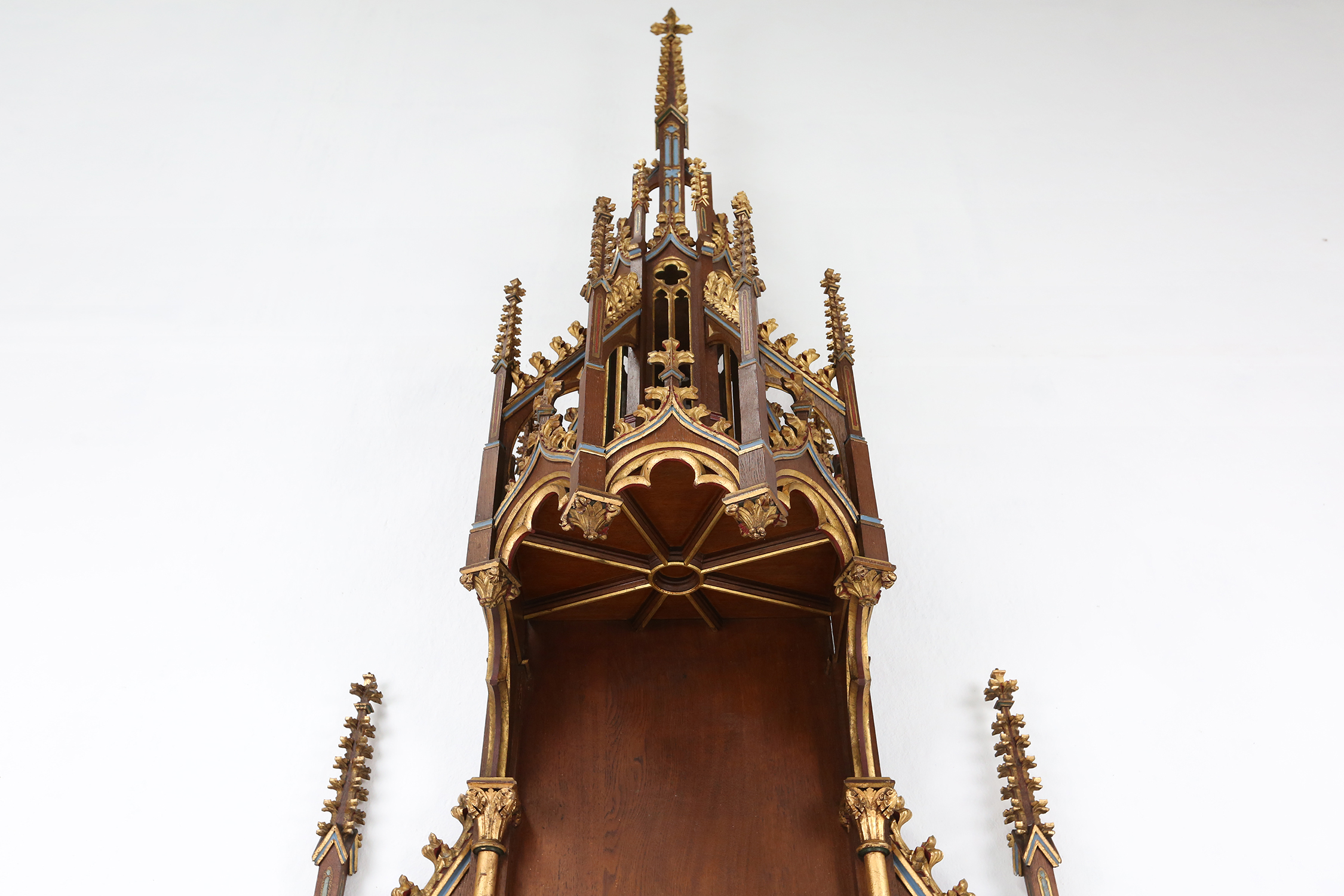 A French polychrome and gilt wooden neo-Gothic church steeple with niche for saint statue, ca. 1800thumbnail